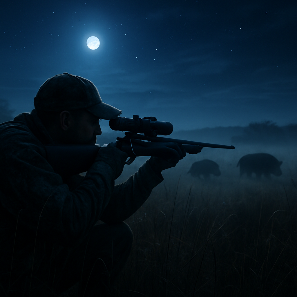 Hunter with thermal scope on a moonlit Southwest Oklahoma ranch at night