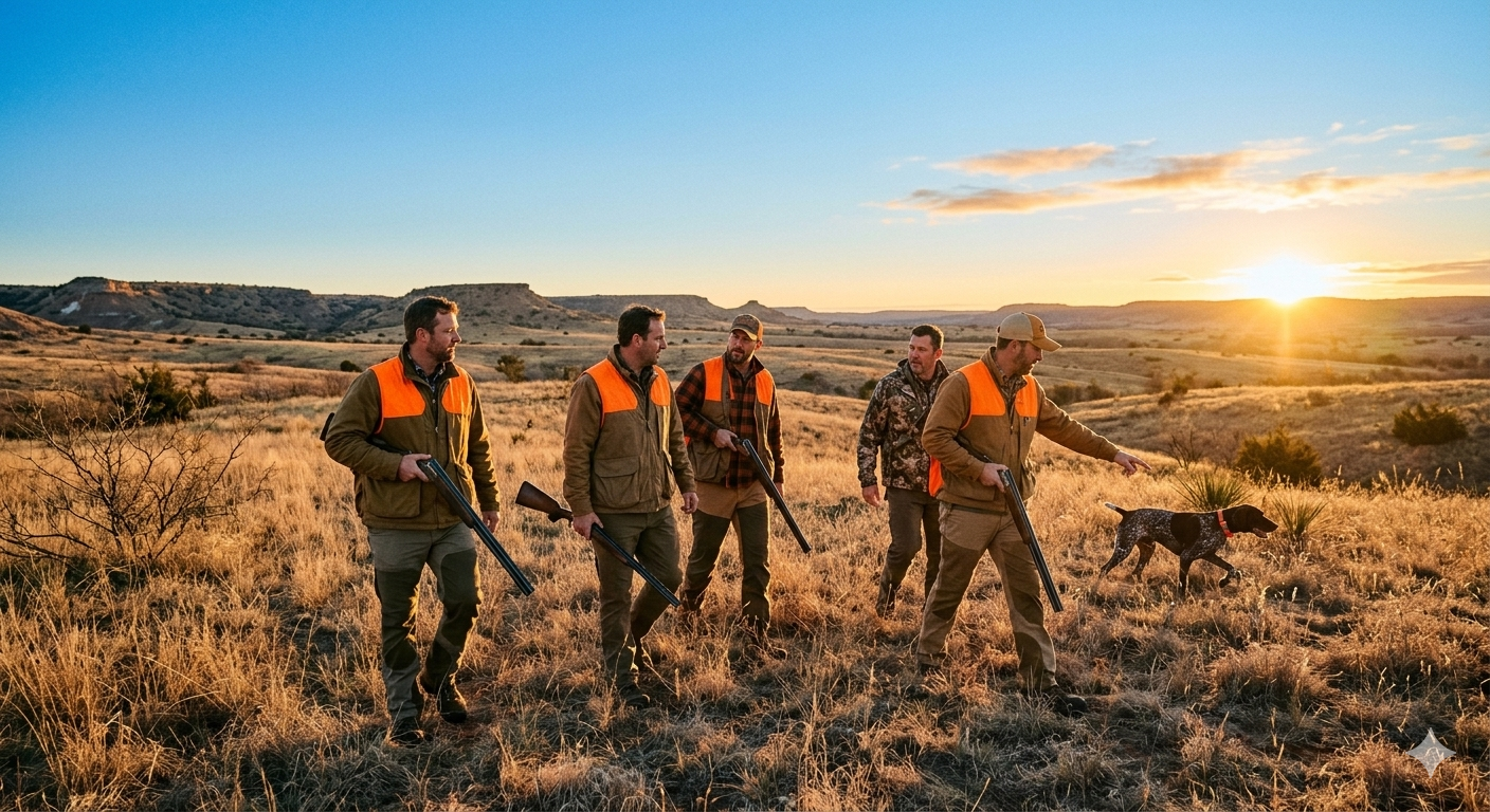 Hunters walking through Oklahoma prairie at sunset with bird dog